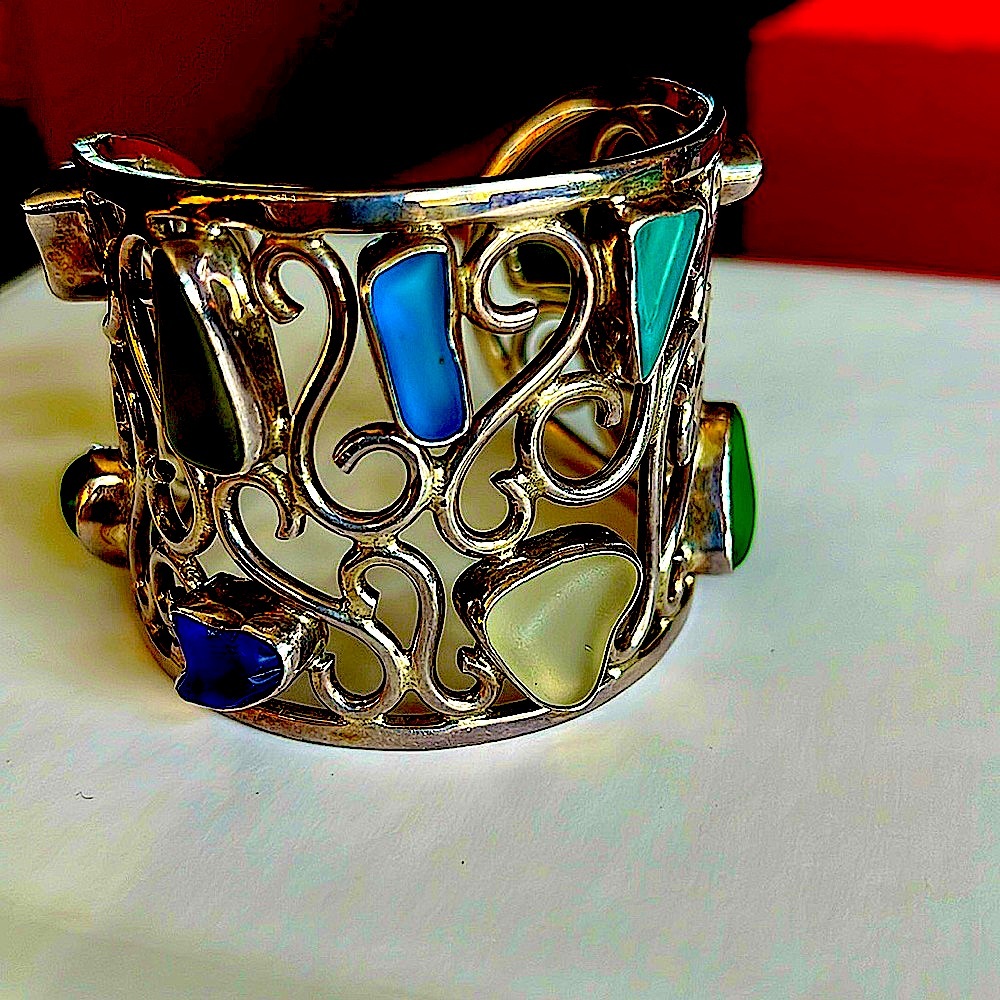 AuthenticCharles AlbertSterlingSilverCuffmulticolorSeaGlassContemporaryStunnig🔥